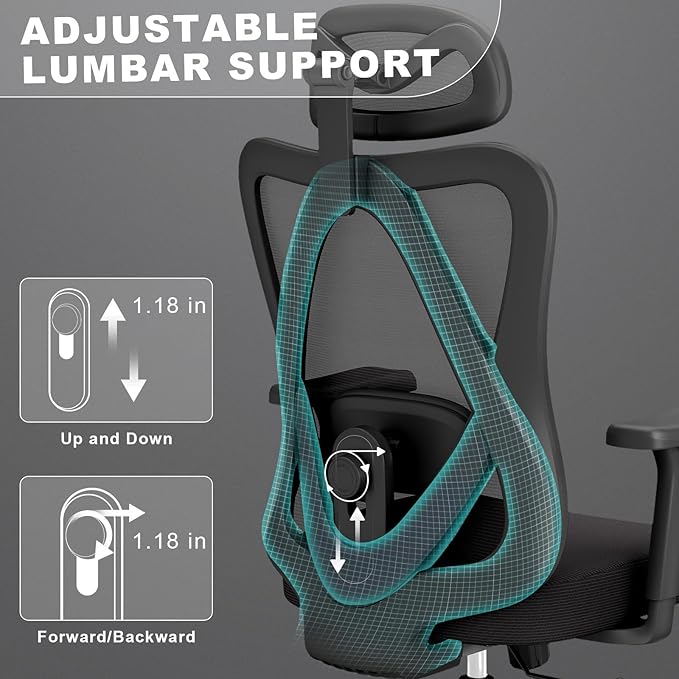 Ergonomic Office Chairs with Adjustable Headrest and Lumbar Support, High Back Mesh Home Computer Desk Chairs with 3D Armrest, 360° Swivel Wheels and Rocking Function, Black