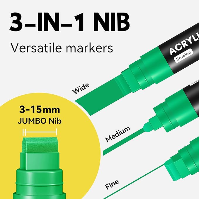 3 Jumbo Permanent Markers Green, 15mm Thick Wide Tip, Large Acrylic Paint Markers for Rock Painting, Poster, Graffiti, Stone, Ceramic, Glass, Wood, Canvas