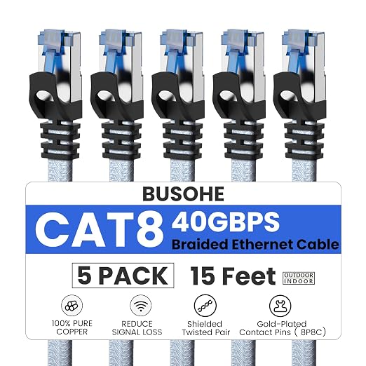 BUSOHE Cat 8 Ethernet Cable 15 FT 5 Pack, Nylon Braided High Speed Heavy Duty by BUSOHE