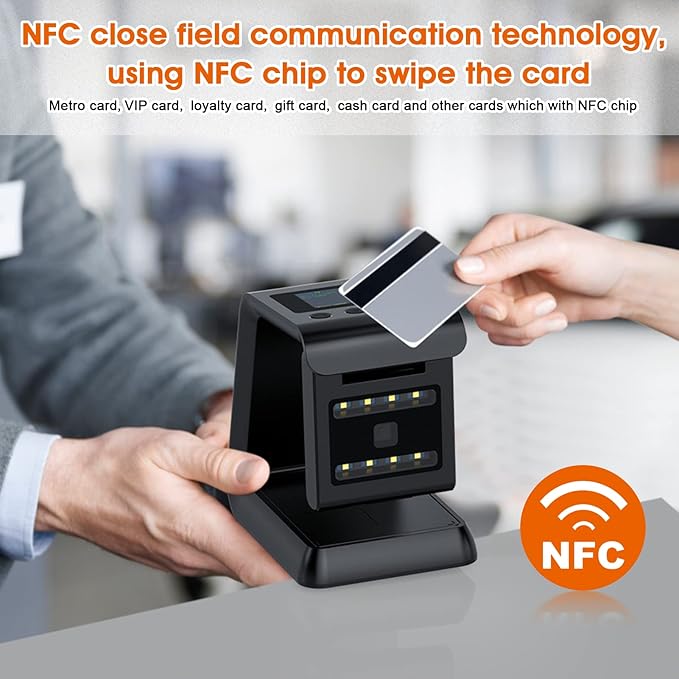 Alacrity 2D QR Wireless Barcode Scanner Hands-Free Omnidirectional Desktop Bar Code Scanner with Screen Display Compatible with Bluetooth & 2.4GHz Wireless for Airport Supermarket