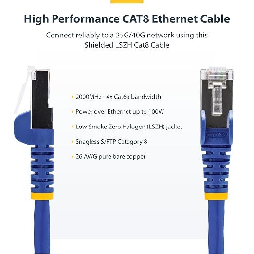 StarTech.com 6in Blue CAT8 Ethernet Cable, Snagless RJ45, 100W PoE++, 26AWG - Image 2