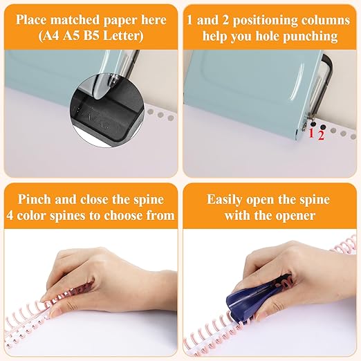 10 Hole Punch Binding Machine for Planners with 10 Multi-Color Binder Rings, 30 Holes on A4, 20 Holes on A5, 26 Holes on B5, 10 Sheet Capacity (Pale Blue)
