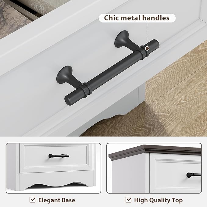 White Nightstand with Charging Station, 19.7" Farmhouse End Table with 3 Drawers Storage, Bedside Table with Brushed Metal Handles, Unique Base Design, 3 Drawer Dresser for Bedroom, Living Room