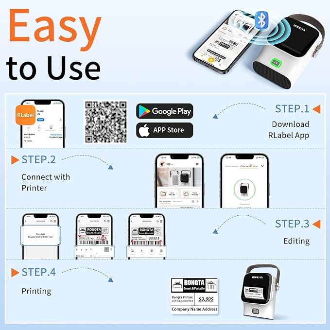 Rongta Bluetooth Label Maker Machine with Tape, Thermal Label Printer for Office, Small Business Essentials, Home Organization, Portable Inkless Sticker Label Maker with 2x1.18 inch Labels-150pcs