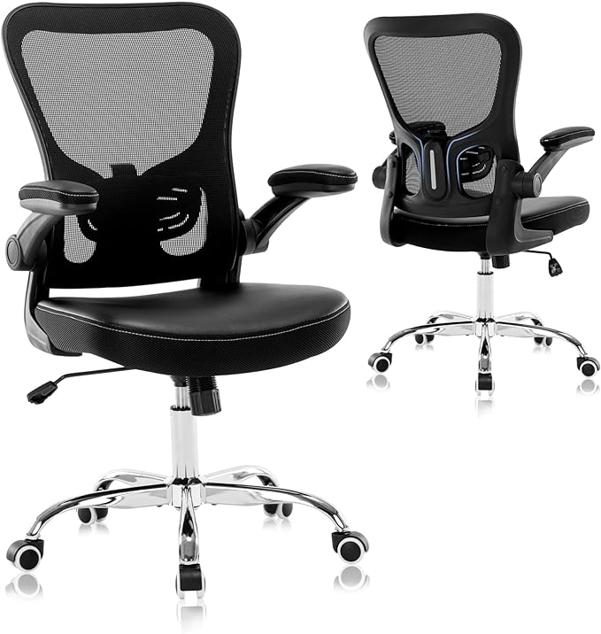 Office Chair, Mesh Ergonomic Desk Computer Chair with PU Leather Flip-up Armrest, Home Task Chair with Lumbar Support, Adjustable Executive Mid Back, Rolling Swivel,Black