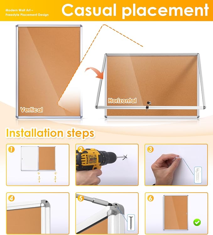 SWANCROWN Enclosed Bulletin Board 36x24 in, Tamperproof Lockable Cork Board Wall Display Case for Office School Home, Aluminum Frame