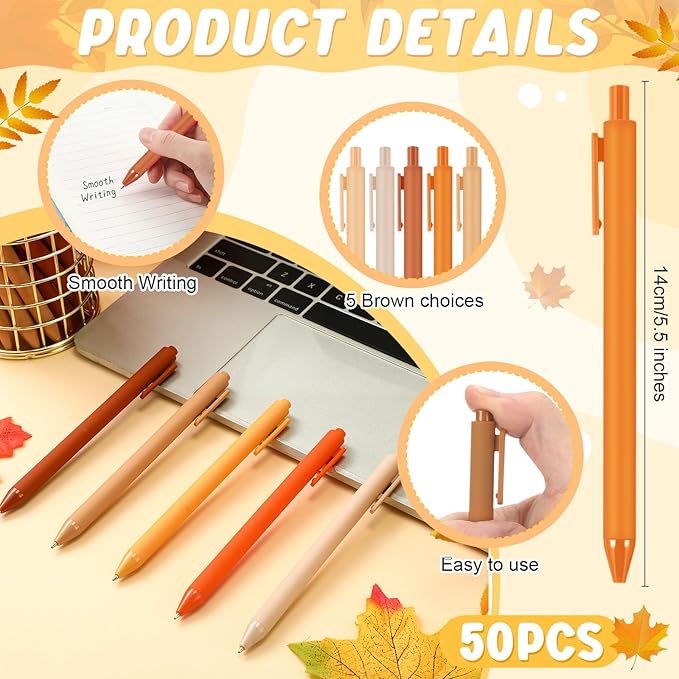 50 Pcs Ballpoint Pens Bulk Retractable Writing 1. 0 mm Black Ink Cute Pens Smooth Writing Color Fancy Gift for Teacher Student Employee Office School Home Baby Shower Supplies (Maple Color)