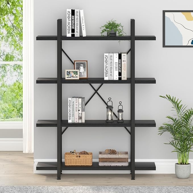HSH 4 Tier Black Bookshelf, Industrial Metal Wood Storage Book Shelves, Modern Open 4 Shelf Bookcase and Display Etagere, Vertical Book Shelf for Bedroom Living Room Office