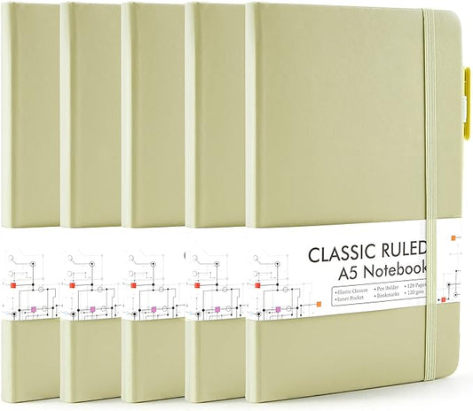 feela 5 Pack Notebooks Journals Bulk, Hardcover Classic Ruled Lined Journals with Pen Holder for Women Girls School Business Supplies, with 5 Black Pens, 120 GSM, 5.1”x8.3”, A5, Avocado Green