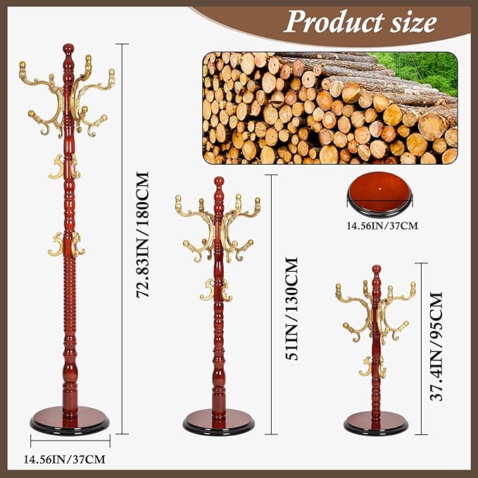 Wooden Coat Rack Freestanding, Vintage Coat Racks with Sturdy Round Base, Adjustable Height 37.40"-72.83" Entrance Coat Rack for Bedroom Living Room Entryway (Solid wood Begonia)