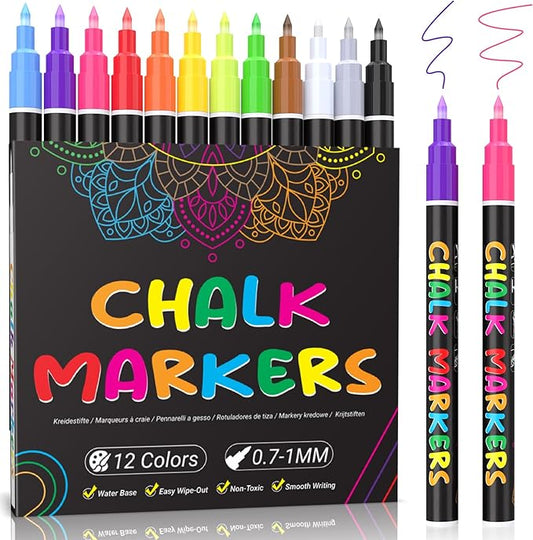 KERIFI Liquid Chalk Markers Fine Tip 1.0 mm, 12 Colors Wet Erase Makers for Chalkboard Calendar, Erasable Chalk Pens for Chalkboard, Blackboard, Bistro, Menu, Glass, Wedding Signs, 45 Labels Included