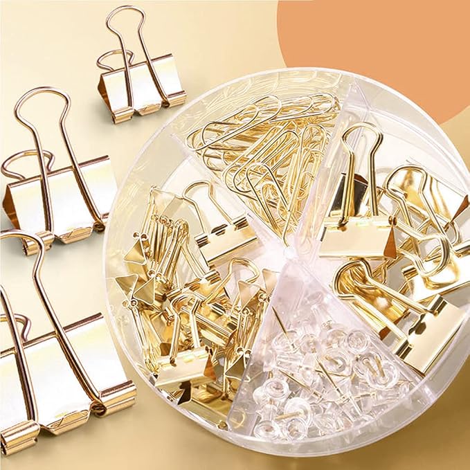Paper Clips and Binder Clips Set, Metal Assorted Sized Binders with Push Pins, Cute Office Supplies for Desk, Desk Accessories (Gold Set of 3)