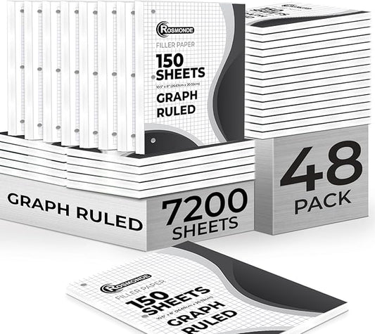 7200 Sheets Graph Paper Bulk, 48 Pack, Bulk Grid Paper, 4x4, 8" x 10.5", 3 Hole Punched, Quad Ruled Sheets, Thick Graphing Paper, Fights Ink Bleed, Bulk Loose Leaf Paper, Bulk School Supplies