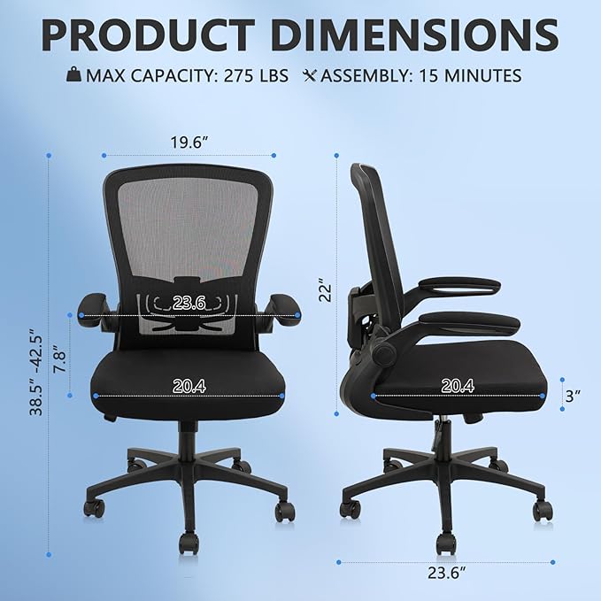 Office Desk Chairs with Wheels, Ergonomic Mesh Chair with Adjustable Height Lumbar Support, Rolling Swivel Computer Task Chair with Flip Up Armrests for Home, Study, Conference, Black (4PK)