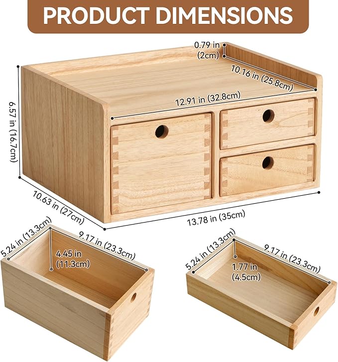 KIRIGEN Desk Organizer with 3 Drawers - Wood Drawer Storage Box with Trays for Tabletop - Workspace Office Toiletries Supplies Tool Caddy - Wooden Storage Cabinet Natural（DT1D3C-NA）