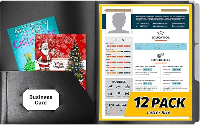 Fastener File Folder,Plastic Folders with Pockets,Reinforced Heavy Duty Pocket Folder with Brad,Manila,1/3 Cut Tabs,Letter Size,12 Pack,Black