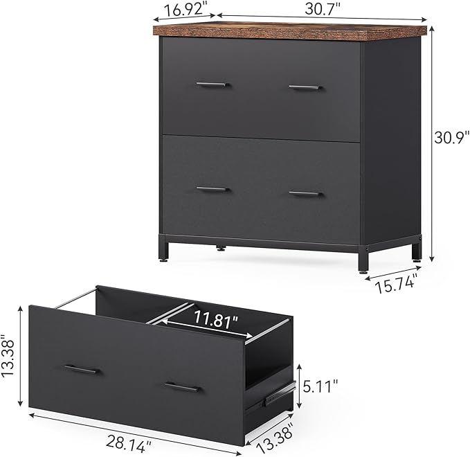 LITTLE TREE 2 Drawer File Cabinet for Home Office, 30.7-Inch Lateral Office Cabinet for A4 and Letter Size Files, Printer Stand, Storage Cabinet Organizer, Rustic Brown + Black
