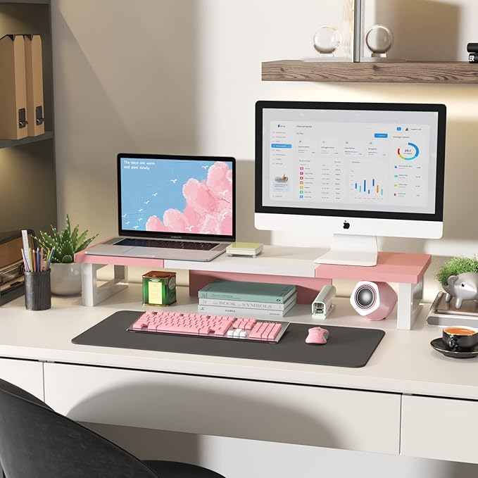 WESTREE Dual Monitor Stand Riser, Wood and Steel Monitor Stand Riser, Computer Monitor Stand for 2 Monitors, Multi-Purpose Desktop Storage Stand for Computer,Laptop,Printer,TV