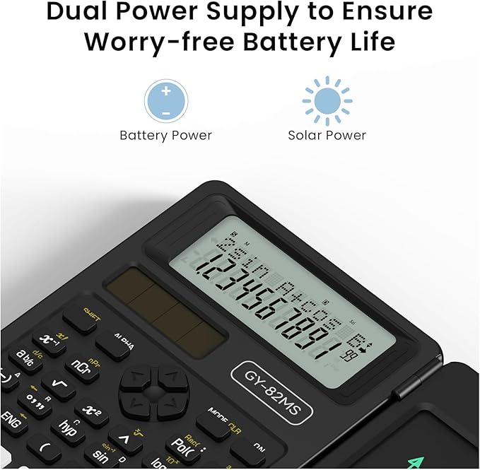 Scientific Calculators for School with Notepad, ROATEE Middle and High School Supplies for Student, 82 MS Foldable 2-Line Display Science Calculator with Writing Tablet, Solar and Battery Power Black