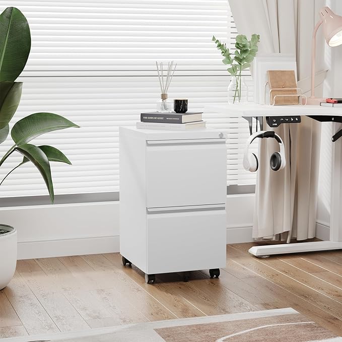 Mobile File Cabinet with Lock, 2 Drawer Under Desk Filing Cabinet with Wheels for Legal/Letter/A4 (Fully Assembled,White)