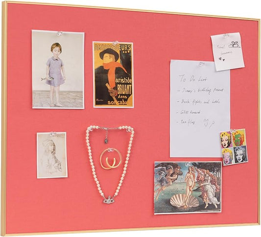 Bulletin Board 23.6 x 17.7 inches, Coral Red Pin Board, Golden Aluminum Framed Fabric Cork Board with 10 Push Pins