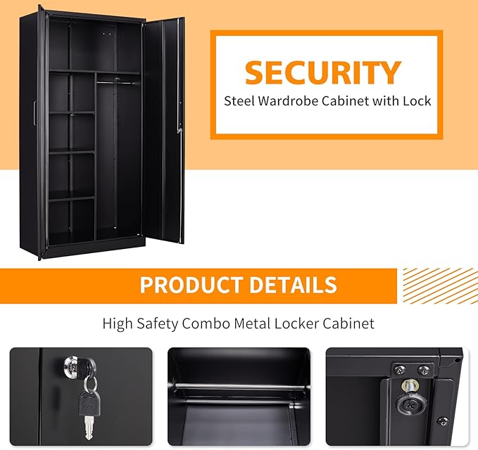 MIIIKO Steel Cabinet Wardrobe, Metal Locker Cabinet with Hanging Rod, Metal Clothing Locker Storage for Home, Office, Garage and Changing Room