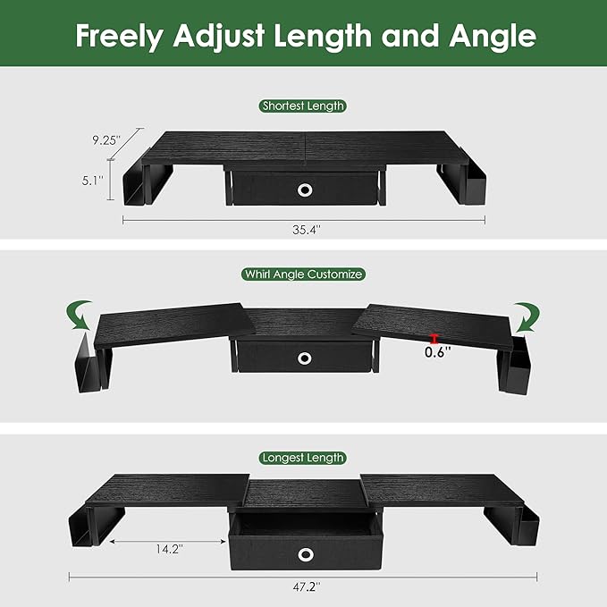Dual Monitor Stand Riser w/ Drawer & Metal Leg, Large Computer Monitor Riser w/ Storage For 2 Monitors, Desk Shelf For Monitor w/ Adjustable Length & Angle, Desktop Organizer For Laptop/TV/Printer