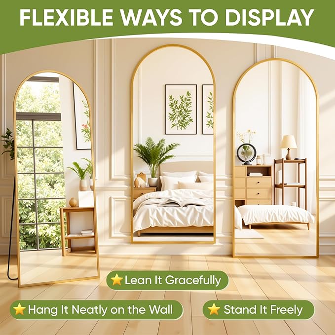Full-Length Floor Mirror with Stand, 76"x34" Arched Style Full Body Standing Mirror for Bedroom, Living Room, Gym, Dorm - Shatter-Resistant & Easy Assembly, Gold