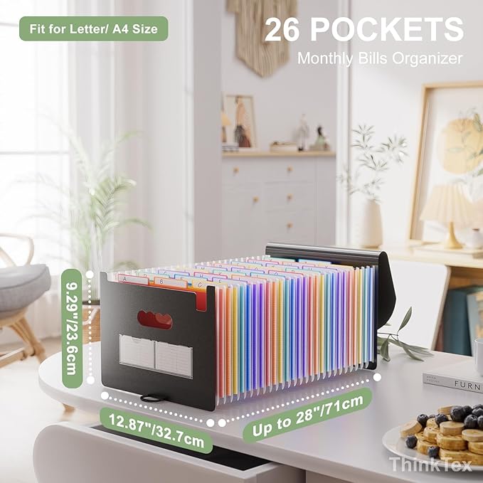 26 Pockets Accordion File Folder Organizer, Expanding Filing Box A4 Letter Size Expandable File Folders, Plastic Accordion Document Paper Coupon Bill Receipt Organizer with 3 A-Z Alphabet Colored Tabs