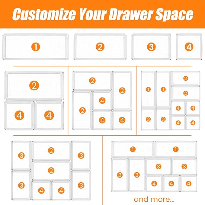 12 Pack Clear Plastic Drawer Organizer Set, Acrylic Non Slip Non Cracking Kitchen Drawer Storage Tray Large Size Divider, Multifunctional Storage for Cosmetics, Bathroom, Tools, Kitchen and Office