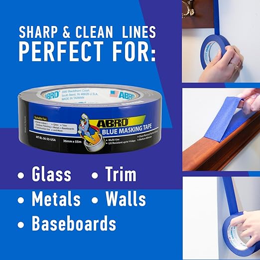 ABRO Blue Painters Tape 1 Inch Wide, 24mm x 55M, All Purpose Blue Tape, Temporary Labeling, Easy Tear, Clean Removal, Masking Tape Colored DIY or Pro - 6 Pack