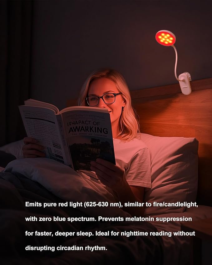 SZOKLED Red Light Reading Lights for Books in Bed, Clip on Lamp with Timer & Dimmable, Rechargeable Eye Care Night Light for Bedroom, Desk, Laptop, Headboard