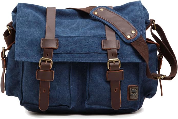 Sechunk Vintage Military Leather Canvas Laptop Bag Messenger Bags Medium - Image 2