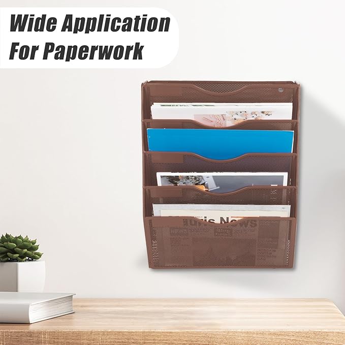 EASEPRES 5 Pocket Mesh Hanging Wall File Organizer, Wall Mounted Mail Paper Document Folder Holder, Clipboard Storage Organization Magazine Rack with Nametag Label for Office Home School, Brown