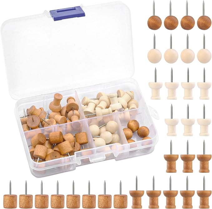 60 Pcs Wood Push Pins, 2 Colors and 5 Types Decorative Thumb Tacks Wooden Head Pin Map Tacks Marking Pin, Wood Thumb Tacks Decorative for Bulletin Boards Craft Projects with Storage Box