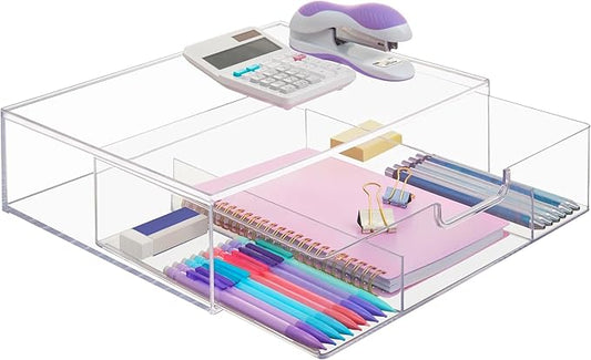 STORi STAX Plastic Stackable Organizer Divided Drawer in Clear | 12.5-inches Wide | 3-Compartments to Organize Office Desk Accessories, Pens, and Notepads| Made in USA
