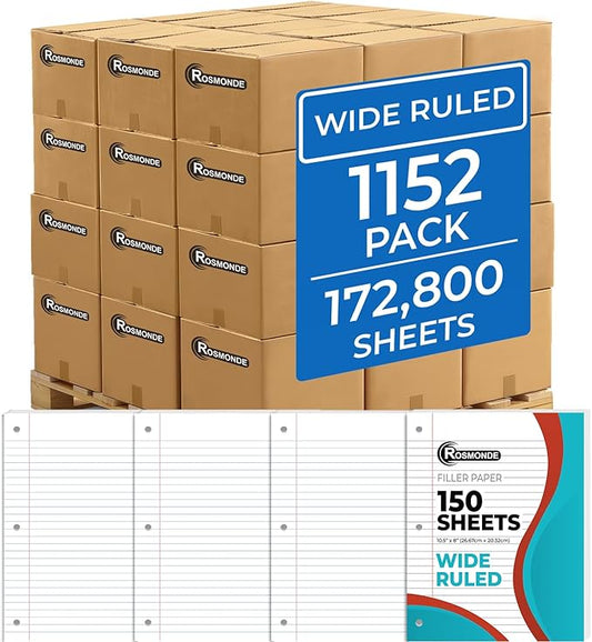 1152 Pack (Pallet) Loose Leaf Paper Bulk, 172800 Sheets, Wide Ruled, 150 Sheets/Pack, 8 x 10.5", Pallet of Filler Paper, 3 Hole Punched, 56 Gsm Thick Paper, School & Office, 4-7 Days Transit