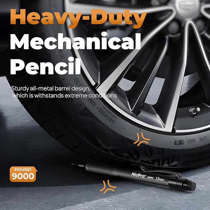 Nicpro 1.3mm Weatherproof Mechanical Pencil Set, HD1000 Metal Mechanical Pencils Heavy Duty Pencil for Outdoor All Weather Marking Drafting Drawing with 25 Lead Refills, Erasers, Case (Black)