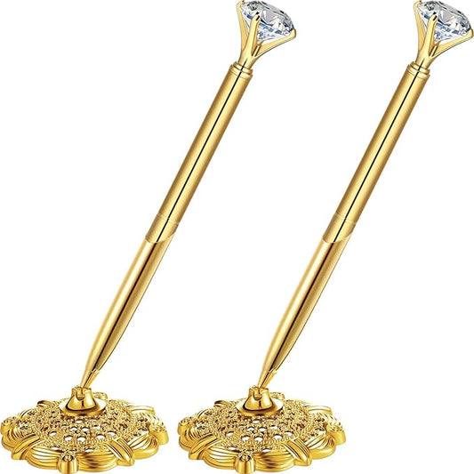 Outus 2 Pieces Gold Wedding Pens for Guest Book Signing Diamond Pen with Hollow Round Holder Stand Set for Wedding Bridal Engagement Reception Supplies