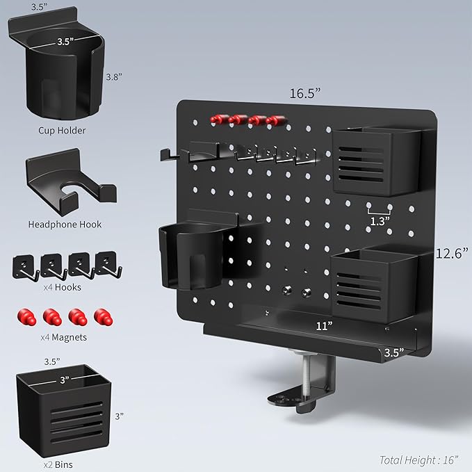 VIVO Steel Clamp-on Rotating Pegboard, 17 x 13 inch Magnetic Peg Board, Above or Below Desk Accessory Organizer, Black, PP-DK01C