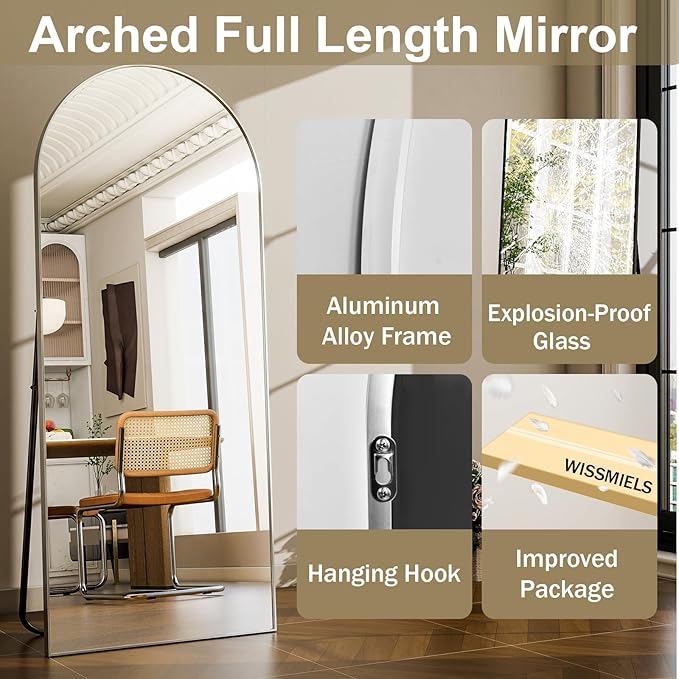 57" x 20" Arched Full Length Mirror - Wall Mounted/Floor Mirror Aluminum Alloy Frame Full Body Mirrors for Bathroom Living Room Bedroom and Entryway,Sliver