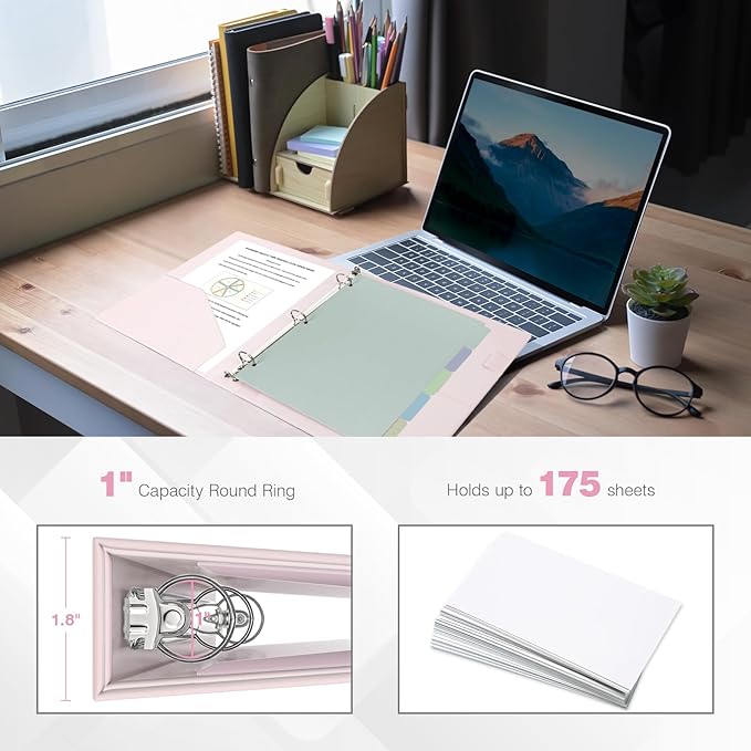 Ospelelf 3 Ring Binder with Clipboard 2 Inch Leather Binder for Letter Size (8.5" x 11"), Clipboard Binder with 5 Tab Dividers Back to School Supply, Pink