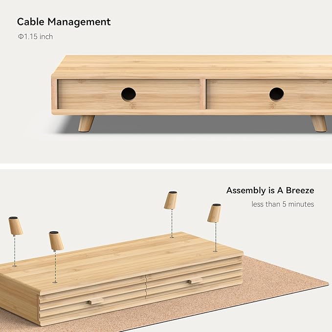 Bamboo Monitor Stand with Drawer - Desk Organizer with Cable Management & Storage, Ergonomic Laptop Riser for Home Office (220lbs Capacity, 24 inch ,Natural)
