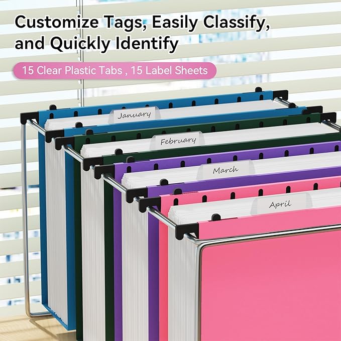 ANSOOK Plastic Hanging File Folders Letter Size, 3 Inch Reinforce Expanding File Folder,12 Pack File Cabinet Folders with Insertable 15 Tabs,Heavy Duty,Accordion File Organizer for Office Home School