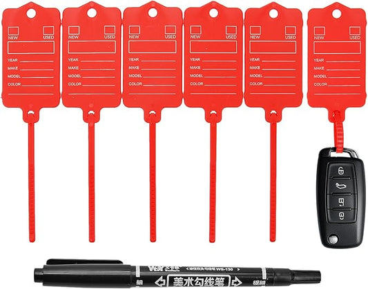 50 Car Key Tags with Labels Plastic Car Dealership Key Tags Self Locking Automotive Identifiers Blank Shop Labels with One Pen (Red)