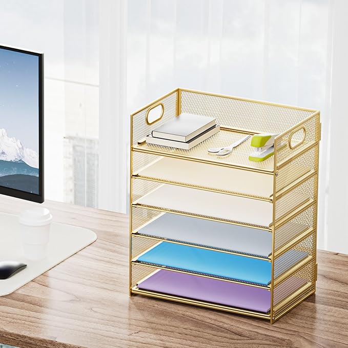Marbrasse 2 Pack Desk Organizer with Handle, 6 Tier Paper Letter Tray, Mesh Desk File Organizer for Office, School and Home - Gold