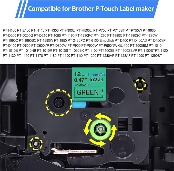 6PK Compatible for Brother P-Touch Label Maker Tape TZe-731 TZe TZ Label Tape TZ-731 TZe731 TZ731 12mm 0.47'' Laminated Black on Green Tape for PT-D210 H110 D220 D400 D600