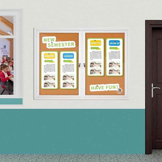 Lockable Outdoor Enclosed Bulletin Board, Weatherproof Cork Noticeboard with Locking Door, Wall-Mounted Aluminum Framed Display Case for Messages,36x24in (5xA4) (Silver Frame & Cork, 44x32 in)