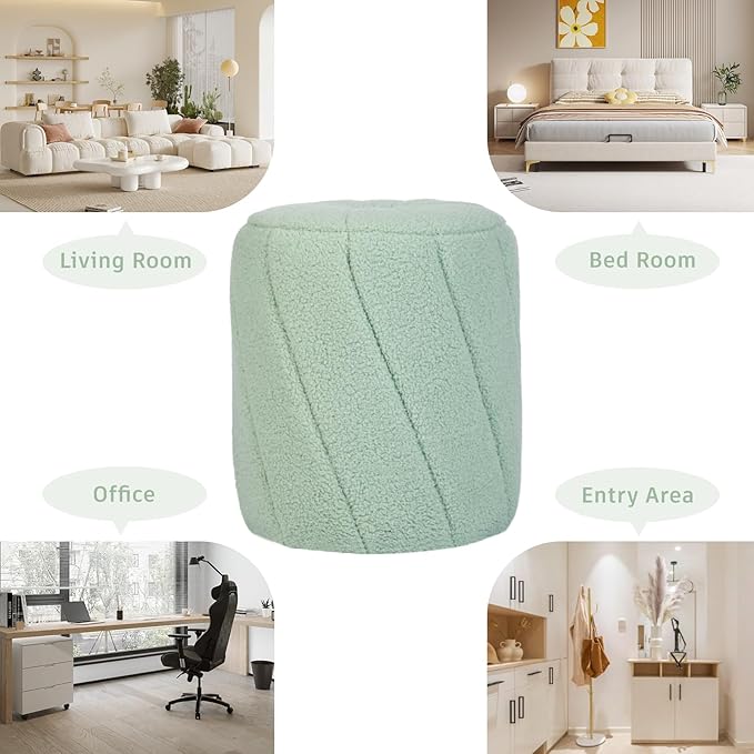 Modern Round Ottoman 2Pcs, Spiral-Tufted Foot Stool Ottoman, Teddy Fleece Upholstered Vanity Stool for Makeup, Bedroom, Living Room, Light Green