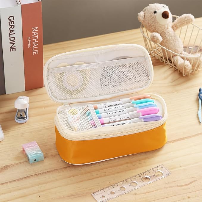 Big Pencil Case Large Capacity Pencil Bag with Zipper Pencil Pouch for Girls Boys Kids Adults Stationery Pencil Pen Case Organizer for School Office Yellow